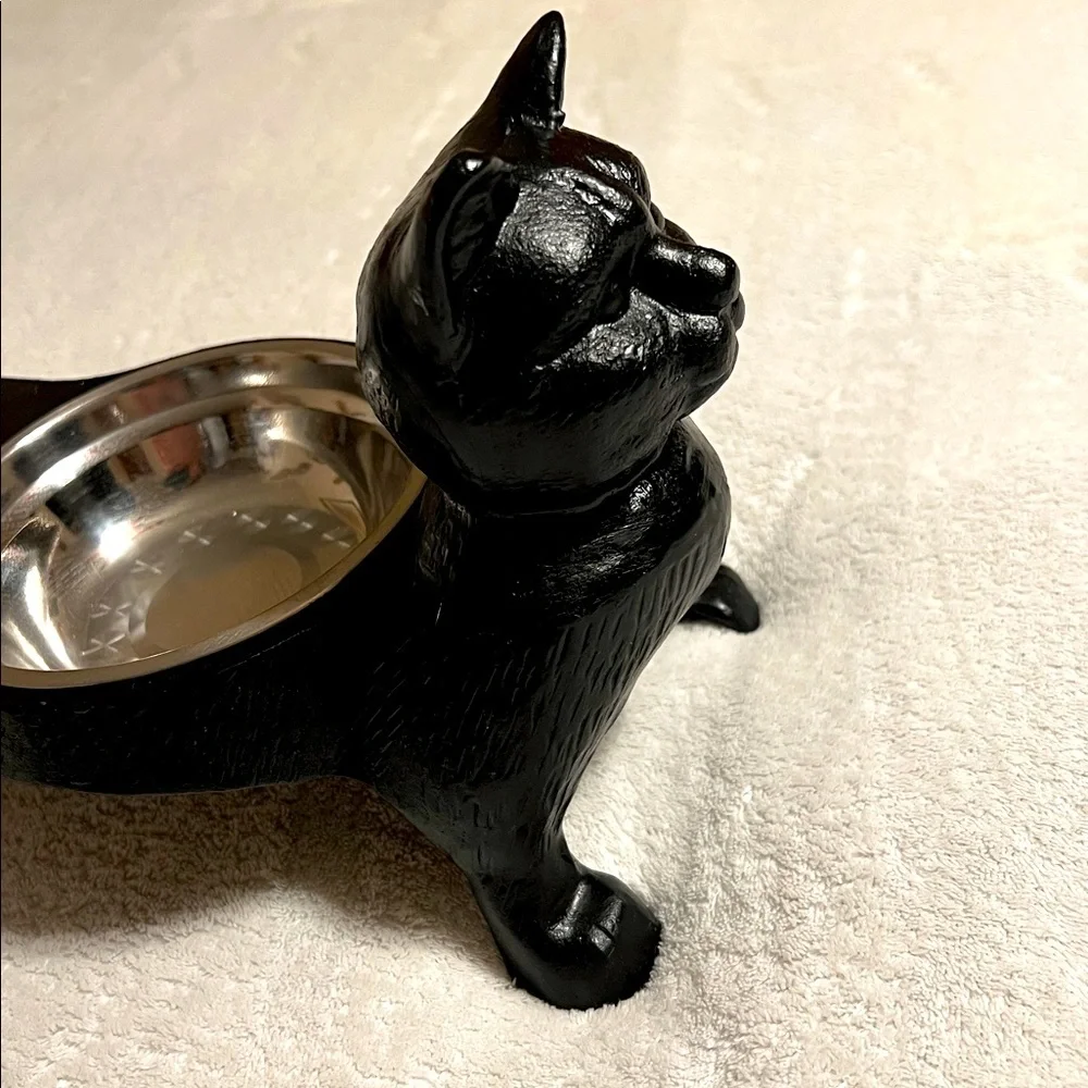 Vintage Cast Iron Black Cat Double Pet Bowl. NWOT
